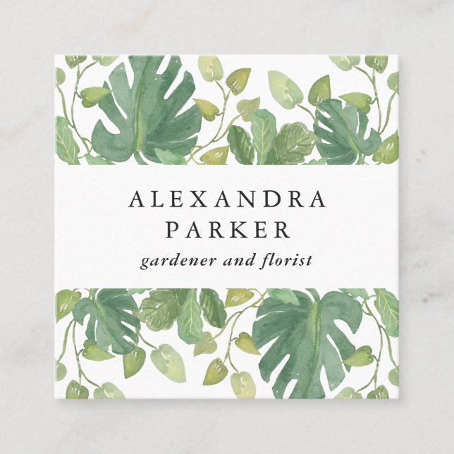 Tropical Leaves | Green and White Square Business Card (Front)