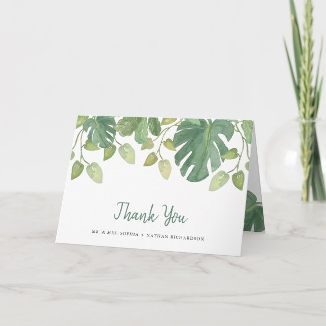 Tropical Leaves | Green and White Thank You Card (Front)