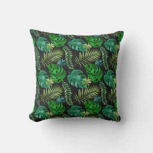 Tropical Leaves Green Black Iridescent Shiny Cushion