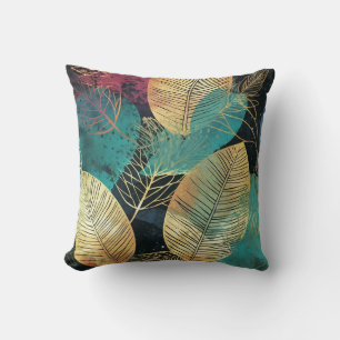 Tropical Leaves Green Gold Black Modern Cushion