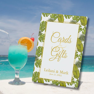 Tropical Leaves Green Gold Cards and Gifts Wedding Pedestal Sign
