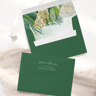 Tropical Leaves Green Gold Foliage Wedding Envelope