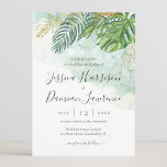 Tropical Leaves Green Gold Foliage Wedding Invitation<br><div class="desc">A trendy elegant tropical style wedding invitation featuring green and gold watercolor palm and monstera leaves with modern calligraphy.</div>