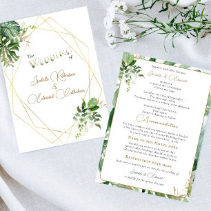 Tropical Leaves Green Gold Geometric Watercolor Invitation
