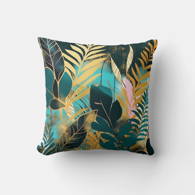 Tropical Leaves Green Gold Pink Modern Cushion (Front)