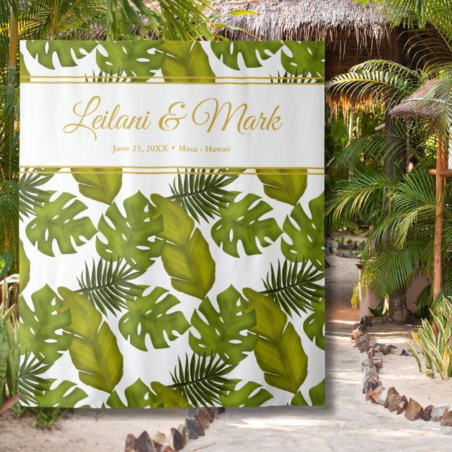 Tropical Leaves Green Gold Wedding Backdrop Tapestry (Creator Uploaded)