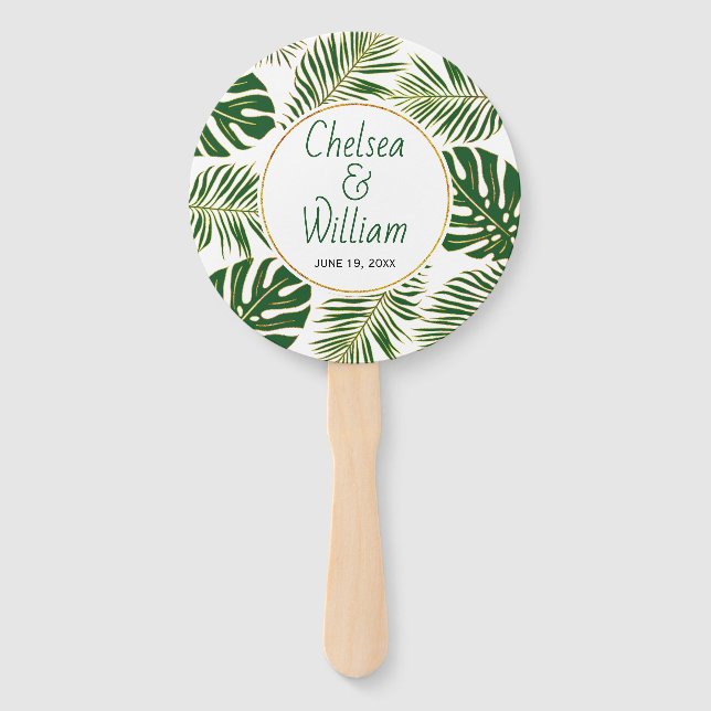 Tropical leaves green, gold wedding round hand fan (Front)