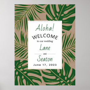 Tropical leaves green, gold wedding welcome sign