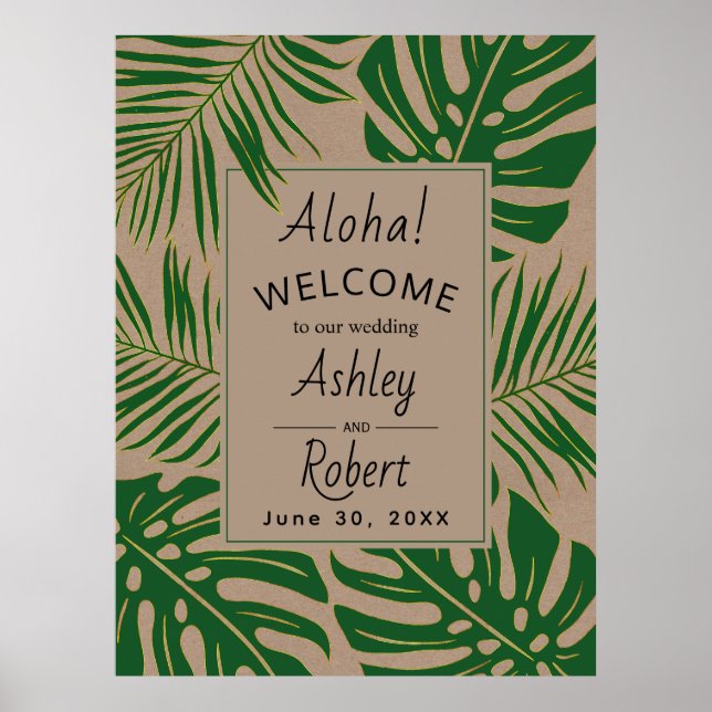 Tropical leaves green, gold wedding welcome sign (Front)