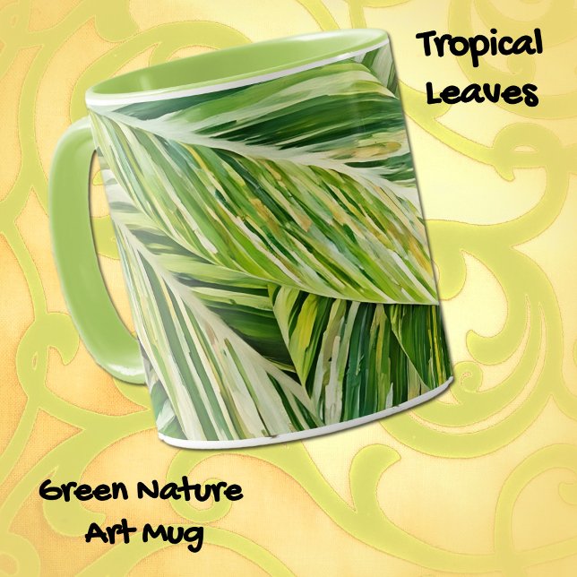 Tropical Leaves Green Nature Art Mug Cup (Beautiful tropical plant leaves in a watercolor art style on a nice mug.)