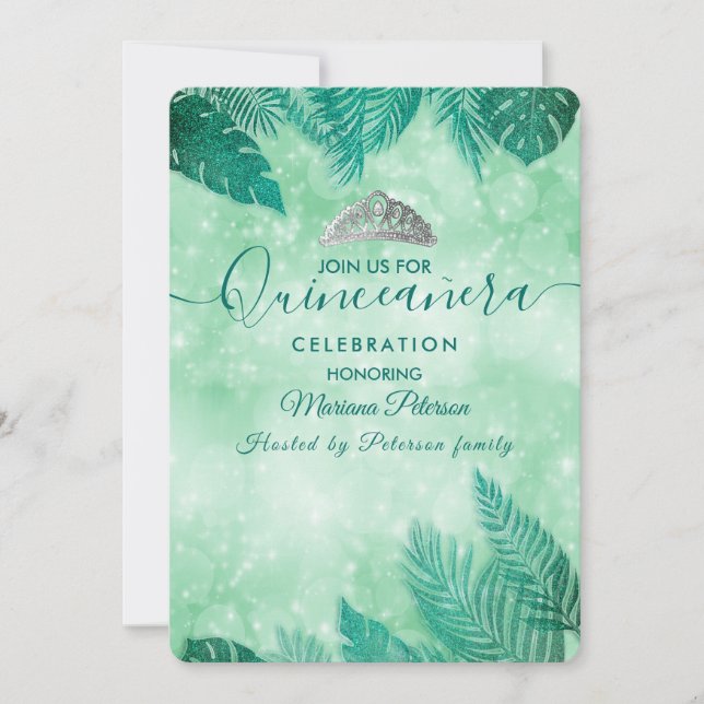 Tropical leaves green tiara summer Quinceañera  Invitation (Front)