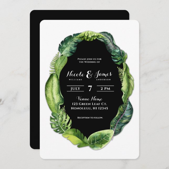 Tropical Leaves Greenery Classy Chic Wedding Invitation (Front/Back)