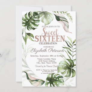 Tropical Leaves Greenery Sweet 16 Birthday  Invitation