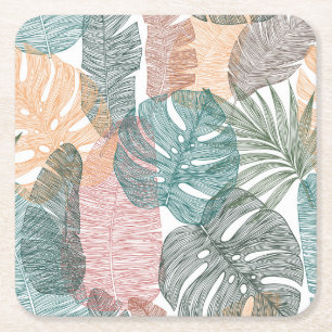 Tropical leaves: hand-drawn vintage pattern. square paper coaster