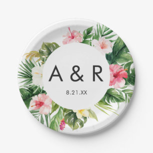 Tropical Leaves Hawaii Wedding Monogram Paper Plate