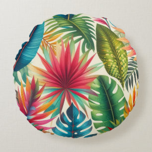 Tropical Leaves Hawaiian Pattern Round Cushion