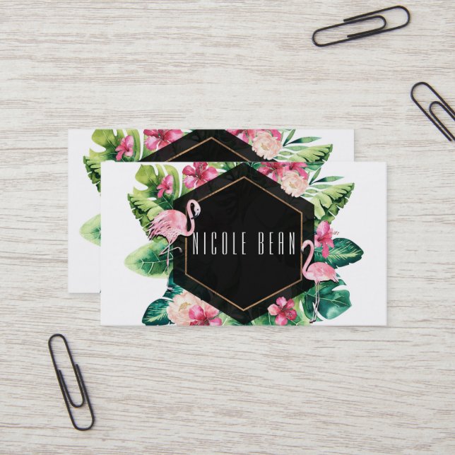 Tropical Leaves Hibiscus Flamingos Elegant Chic Business Card (Front/Back In Situ)