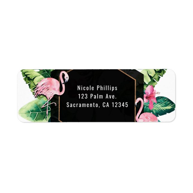 Tropical Leaves Hibiscus Flamingos Invitation Return Address Label (Front)