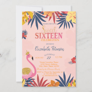 Tropical Leaves Hibiscus Flamingos Sweet 16   Invitation