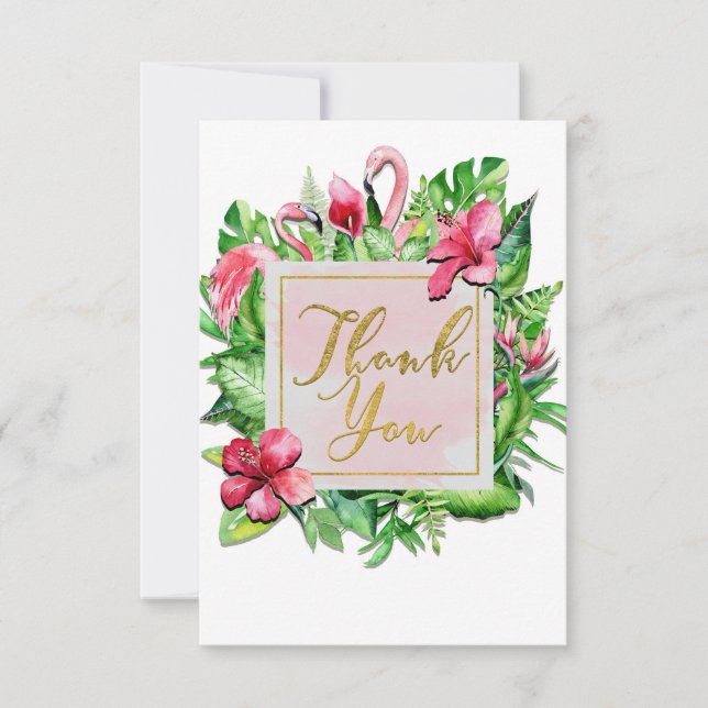 Tropical Leaves Hibiscus Flamingos Thank You Card (Front)