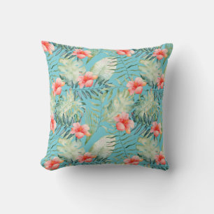 Tropical Leaves Hibiscus Floral Aqua Watercolor Cushion