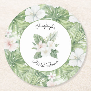 Tropical Leaves Hibiscus Floral Bridal Shower Round Paper Coaster