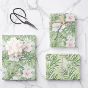 Tropical Leaves Hibiscus Floral Bridal Shower Wrapping Paper Sheet