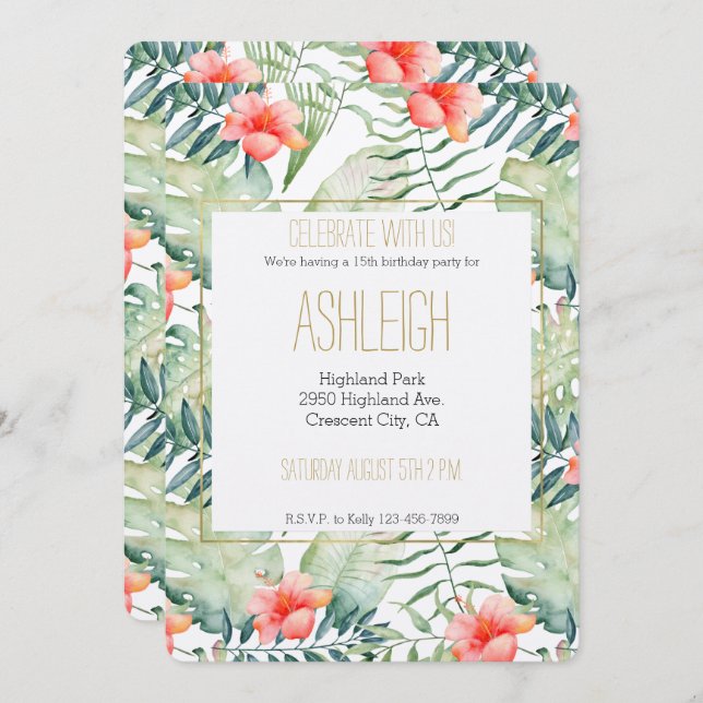 Tropical Leaves Hibiscus Floral Watercolor Invitation (Front/Back)