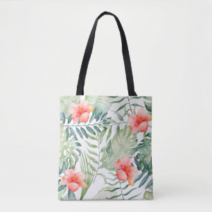 Tropical Leaves Hibiscus Floral Watercolor Tote Bag