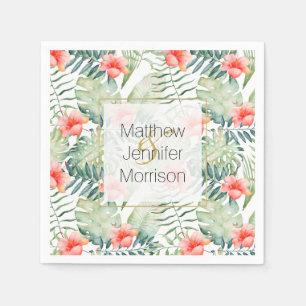 Tropical Leaves Hibiscus Floral Watercolor Wedding Napkin