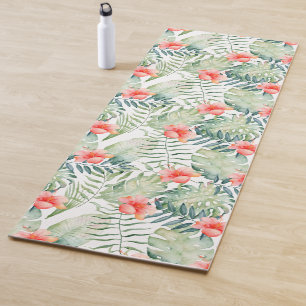 Tropical Leaves Hibiscus Floral Watercolor Yoga Mat