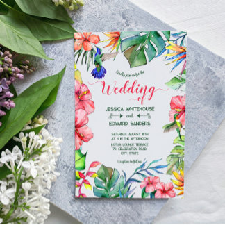 Tropical Leaves Hibiscus Hawaiian Luau Wedding Invitation