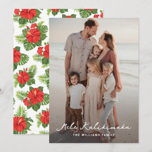 Tropical Leaves Hibiscus Photo Mele Kalikimaka Holiday Card