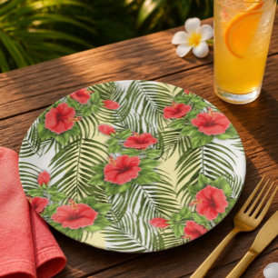 Tropical Leaves & Hibiscus Round Paper Plates