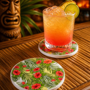 Tropical Leaves & Hibiscus Round Sandstone Coaster