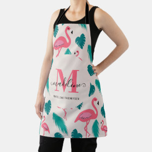 Tropical Leaves Hot Pink Flamingo Modern Monogram Apron