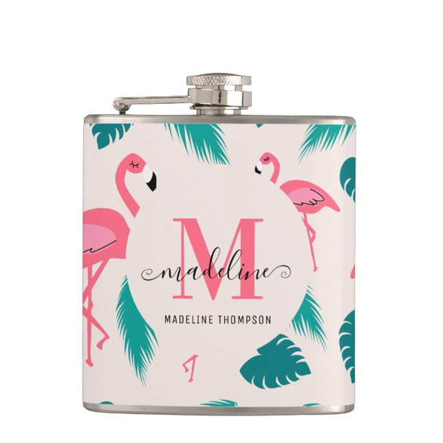 Tropical Leaves Hot Pink Flamingo Modern Monogram Hip Flask (Front)
