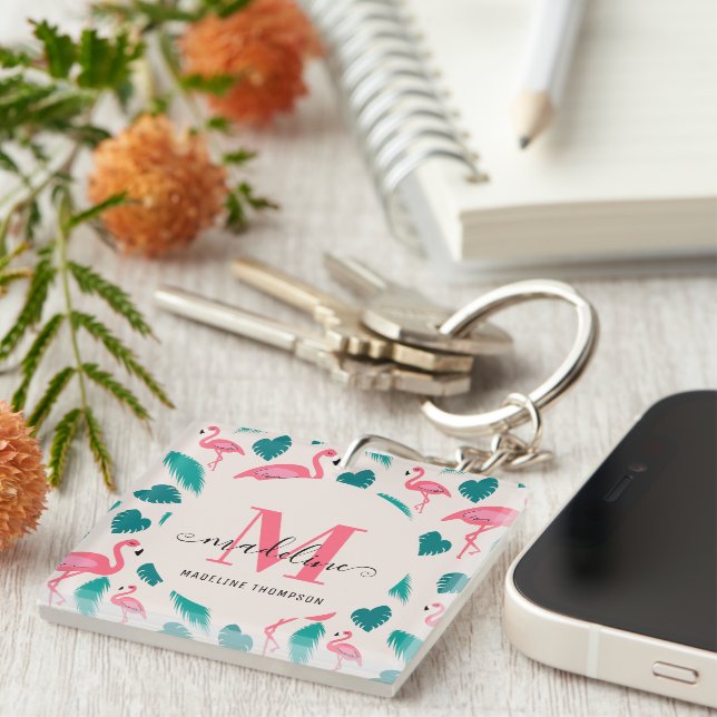 Tropical Leaves Hot Pink Flamingo Modern Monogram Key Ring (Front Right)