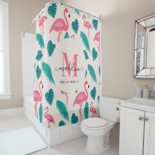 Tropical Leaves Hot Pink Flamingo Modern Monogram Shower Curtain