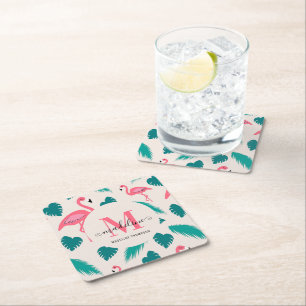 Tropical Leaves Hot Pink Flamingo Modern Monogram Square Paper Coaster