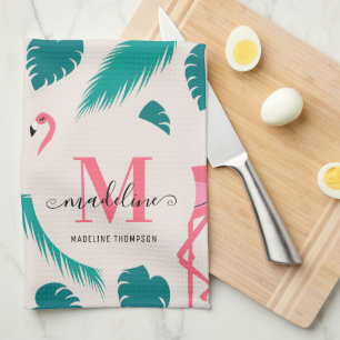 Tropical Leaves Hot Pink Flamingo Modern Monogram Tea Towel