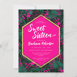 Tropical Leaves Hot Pink Green Sweet Sixteen Invitation