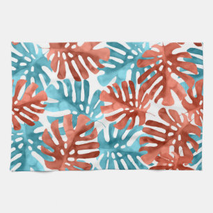 Tropical Leaves in Aqua Blue & Coral Red Tea Towel