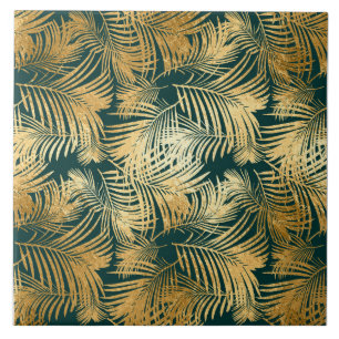 Tropical Leaves In Beautiful Gold On Green Ceramic Tile