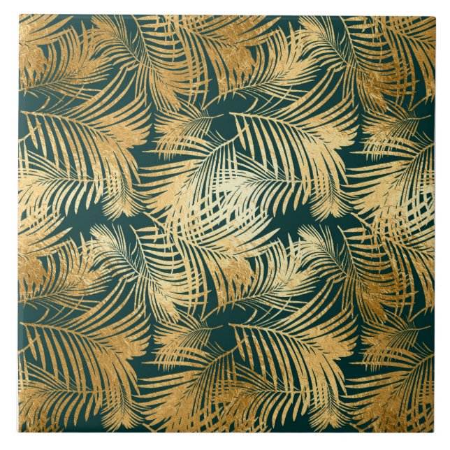 Tropical Leaves In Beautiful Gold On Green Ceramic Tile (Front)