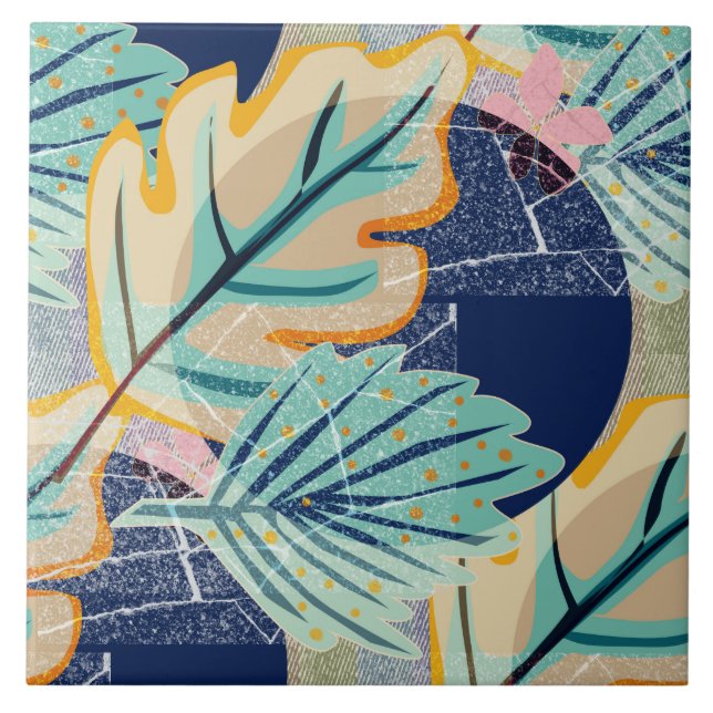 Tropical leaves in grunge style. Ceramic Tile (Front)
