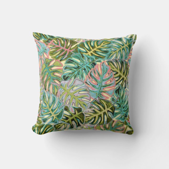Tropical Leaves in Pretty Pastels Cushion (Front)
