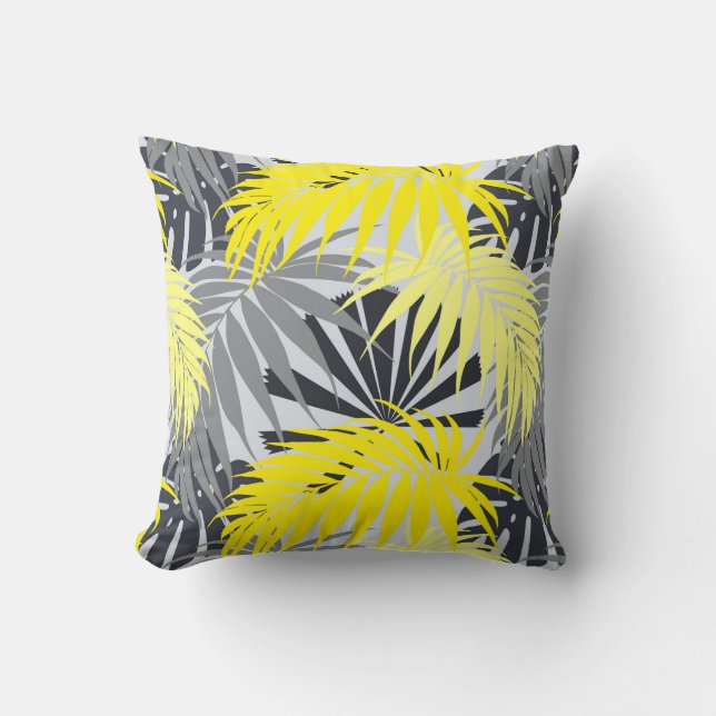 Tropical Leaves in Yellow and Grey Cushion (Front)