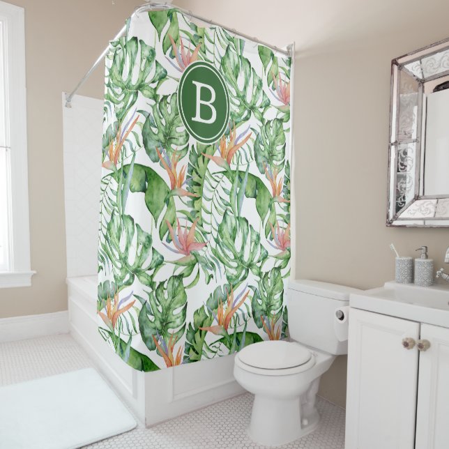Tropical Leaves Initial Shower Curtain (In Situ)