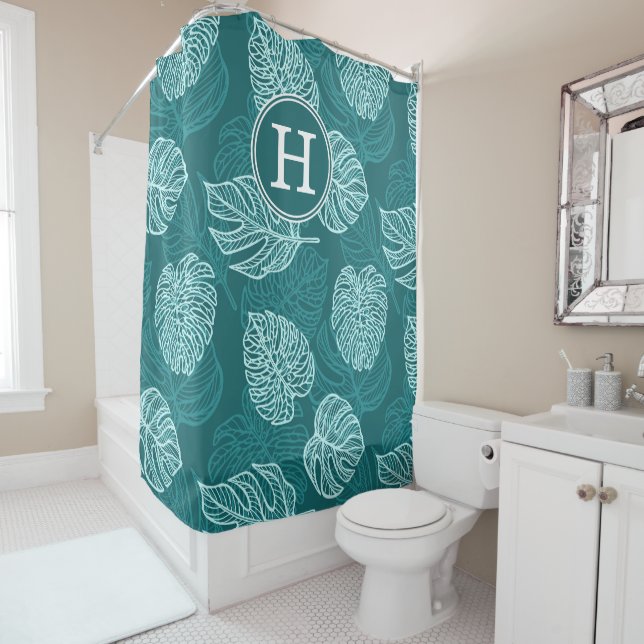 Tropical Leaves Initial Shower Curtain (In Situ)